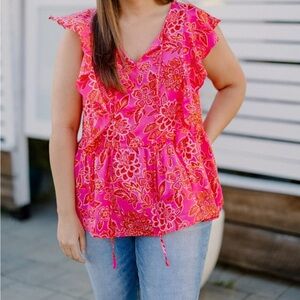 Vibrant Pink Floral Ruffle Sleeve Blouse